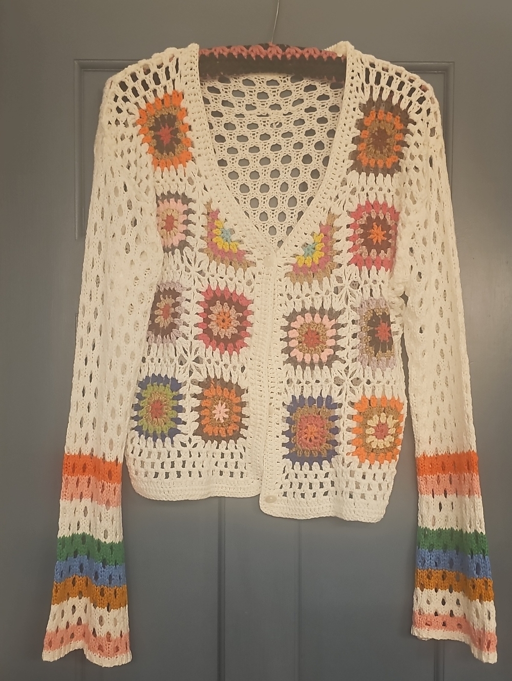 Boho Crochet Openwork Cardigan Sweater Cream Patchwork Flare Xlarge women